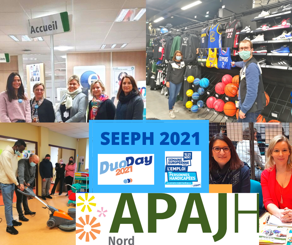 Montage de quatre photos de duos au travail pendant le DuoDay, avec le bandeau SEEPH 2021