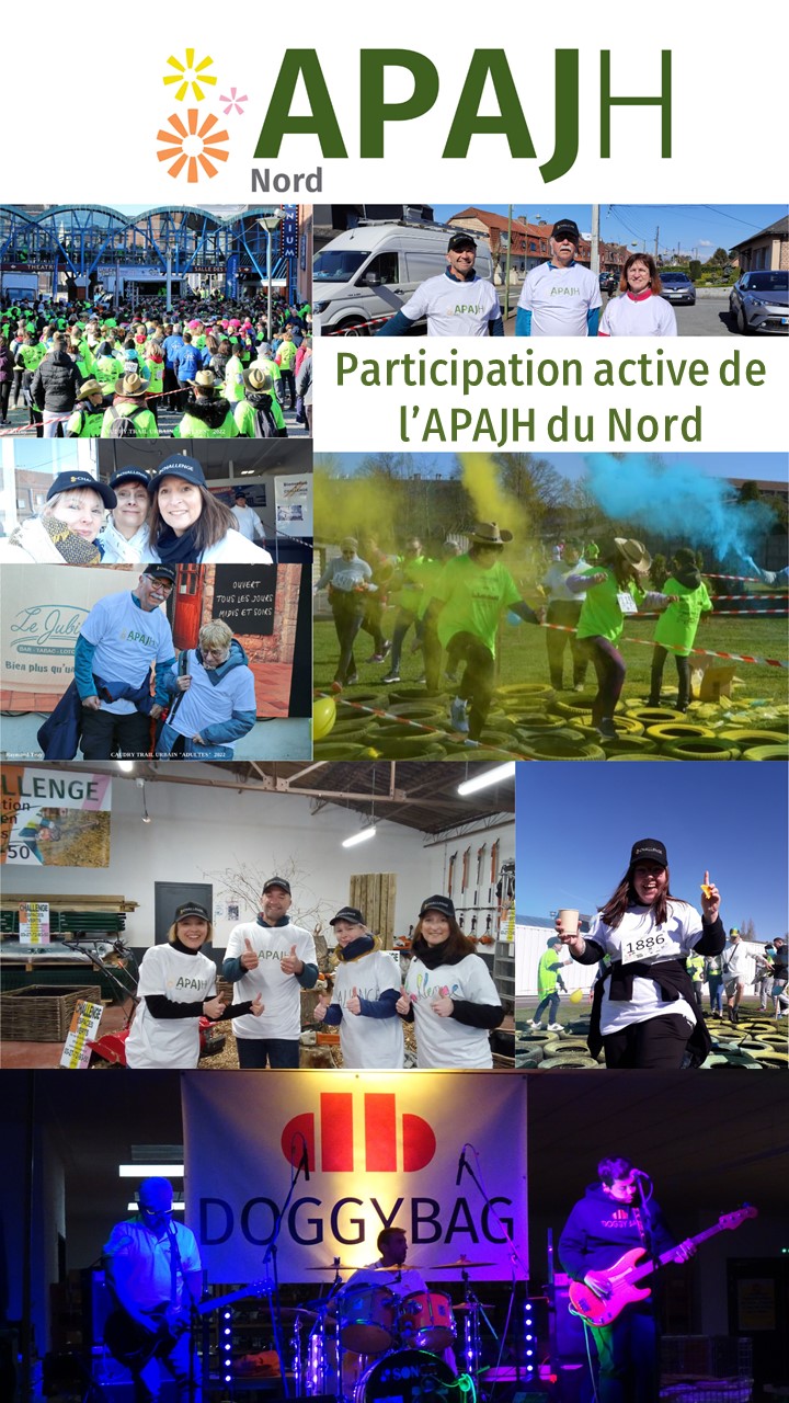 Montage du trail : coureurs en t-shirt vert fluo, jets de poudre colorée, équipe APAJH et concert