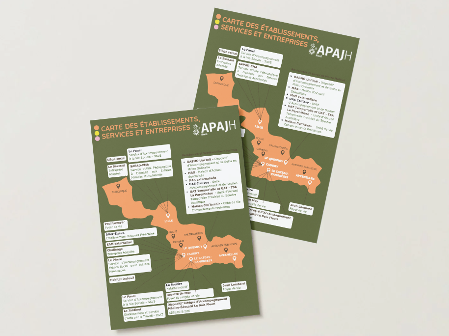 Deux exemplaires de la plaquette « Carte des établissements, services et entreprises » de l'APAJH Nord : carte du département jalonnée de repères et liste des structures.